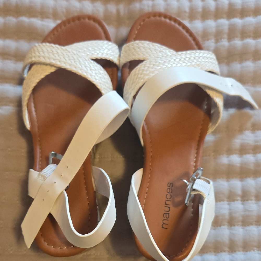 Maurices White and Brown Sandals with Crisscross Straps